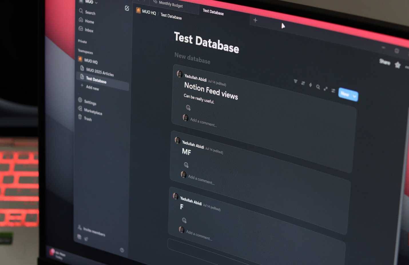 Chế độ xem nguồn cấp dữ liệu đang mở trên cơ sở dữ liệu Notion