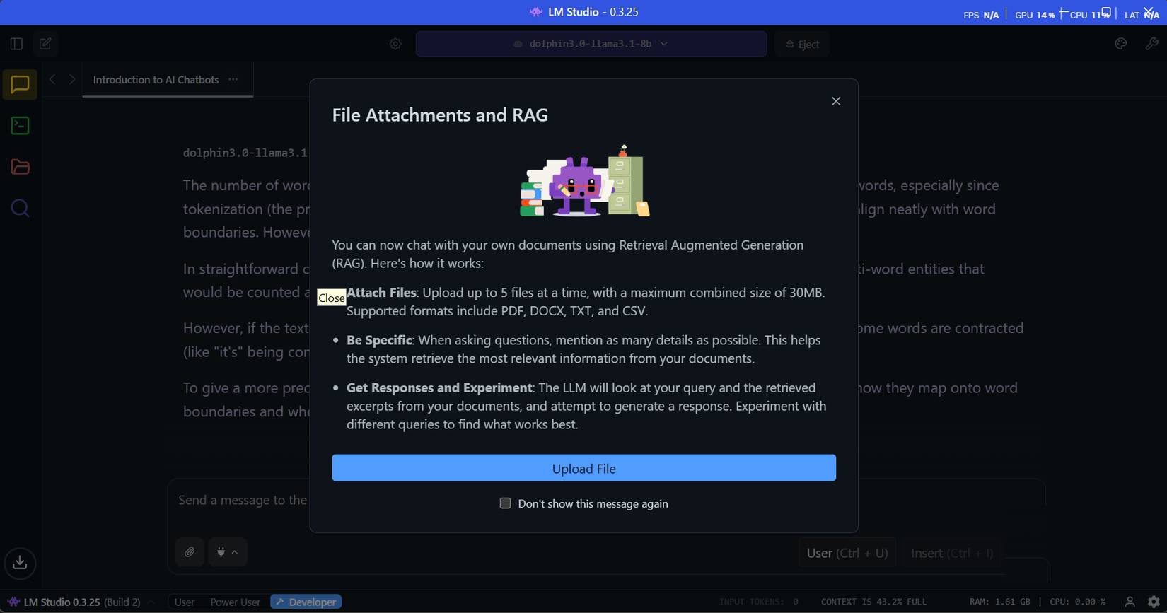 LM Studio cung cấp khả năng đính kèm file và RAG