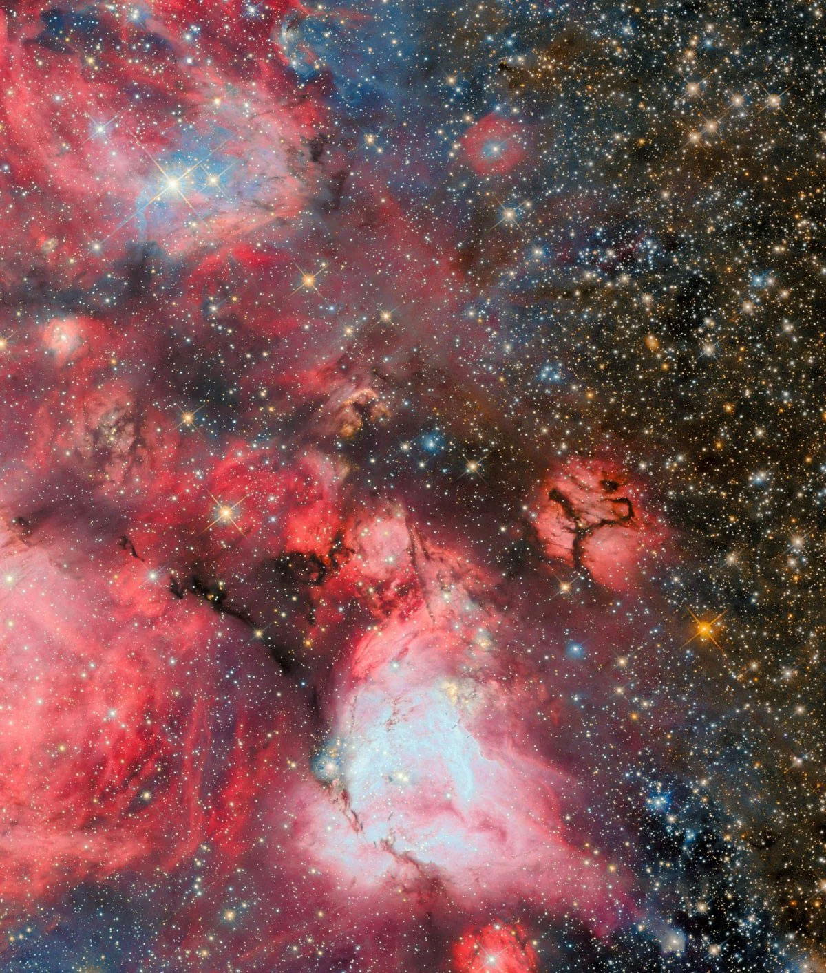 Hình ảnh từ kính viễn vọng Hubble cho thấy N159, một đám mây hình thành sao khổng lồ nơi các ngôi sao mới sinh bừng sáng bên trong khí hydro băng giá. Bức xạ mạnh mẽ của chúng chiếu sáng đám mây màu đỏ và tạo hình những bong bóng khổng lồ, hé lộ khía cạnh dữ dội của quá trình hình thành sao.