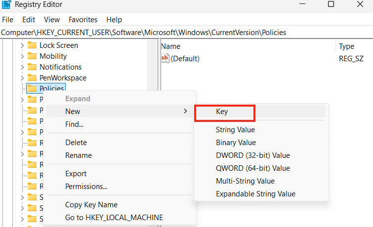 Tạo khóa mới trong Registry Editor