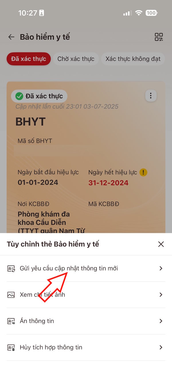 Gửi yêu cầu cập nhật thẻ BHYT trên VNeID