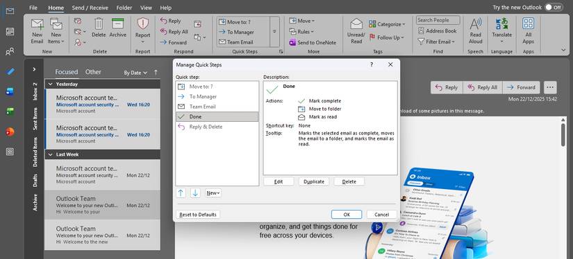 Hộp thoại Manage Quick Steps trong Classic Outlook