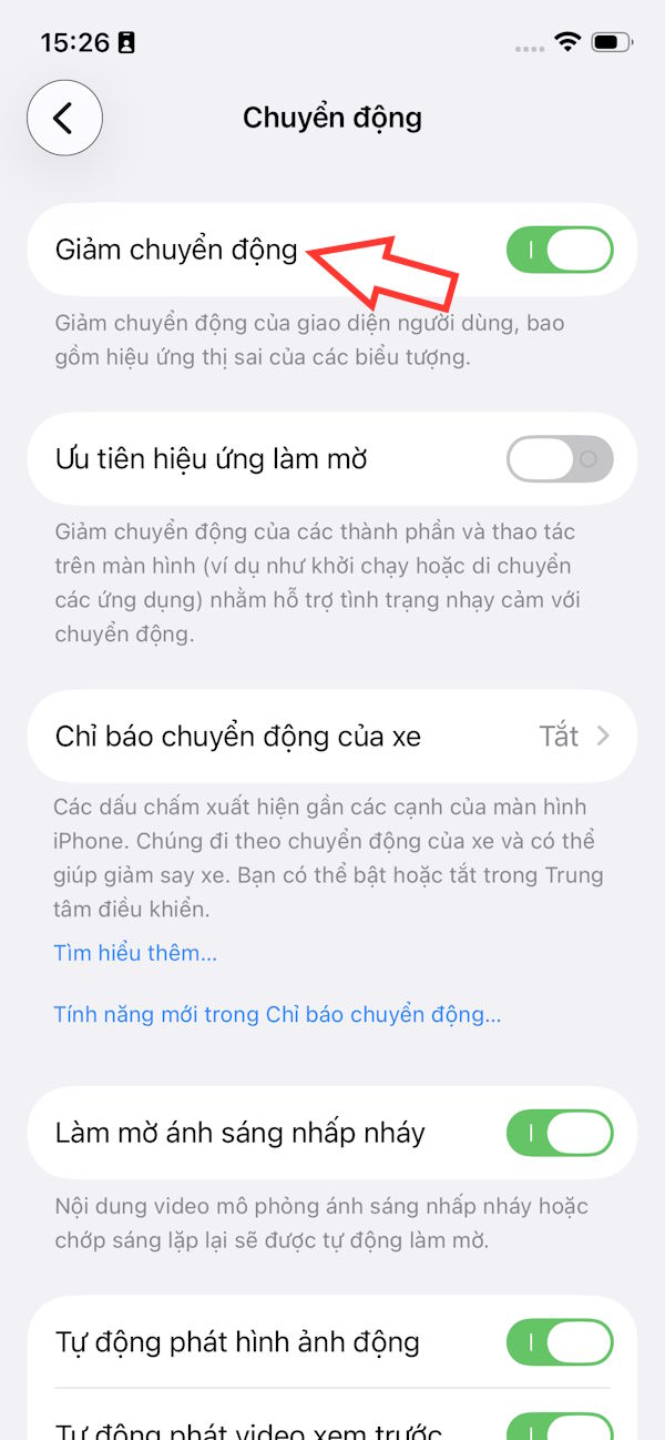 Bật giảm chuyển động iPhone