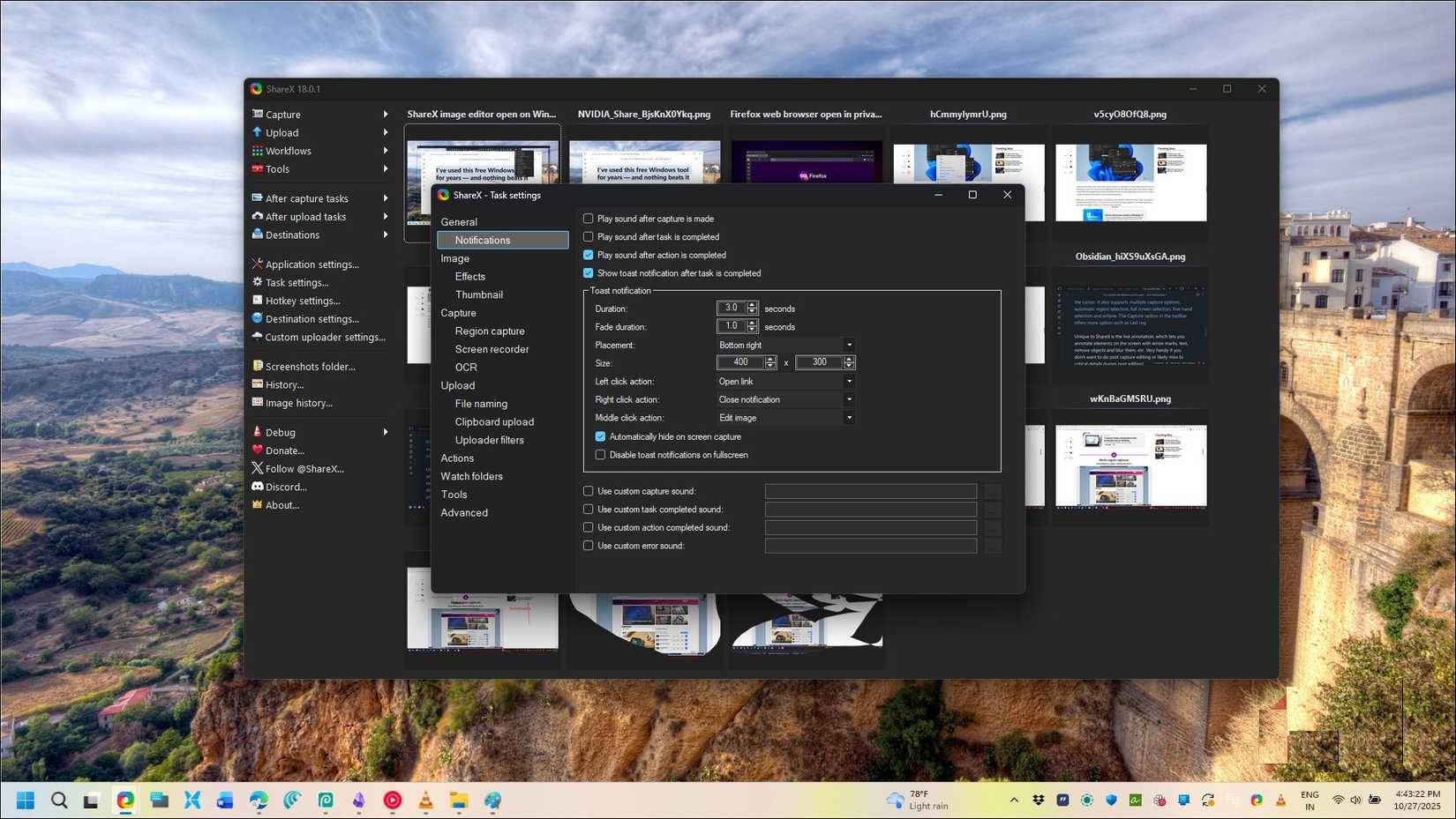 Hộp thoại Task Settings mở trong ShareX trên Windows 11