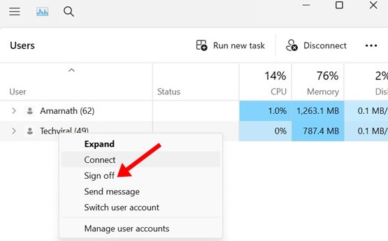 Đăng xuất user khác bằng Task Manager