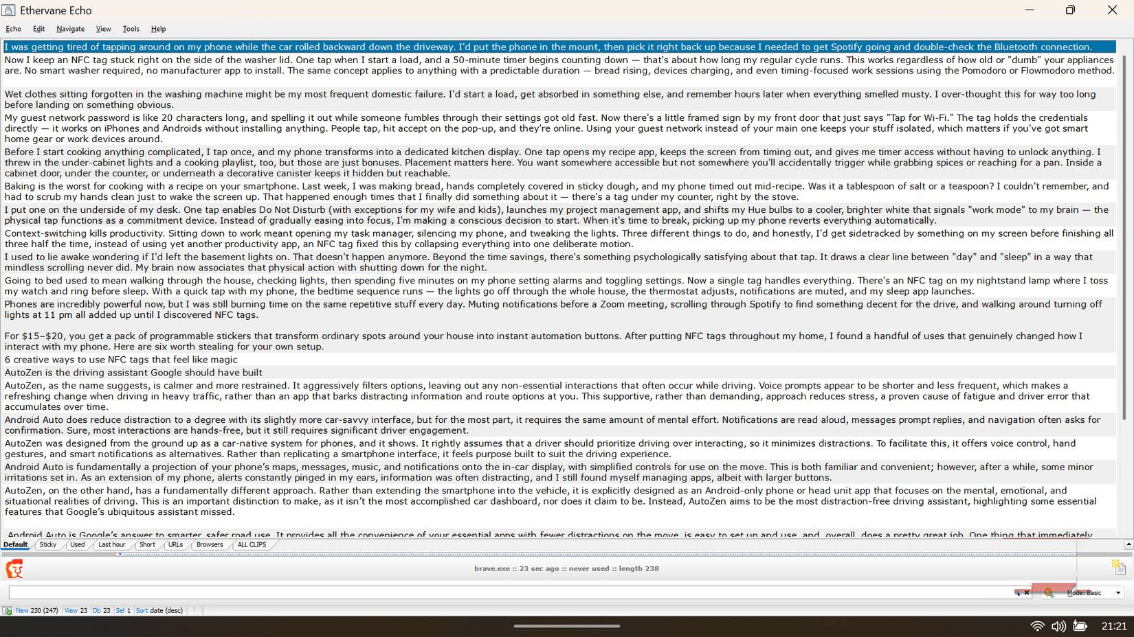 Giao diện Ethervane Echo hiển thị danh sách lịch sử clipboard có thể tìm kiếm, chứa các đoạn văn bản