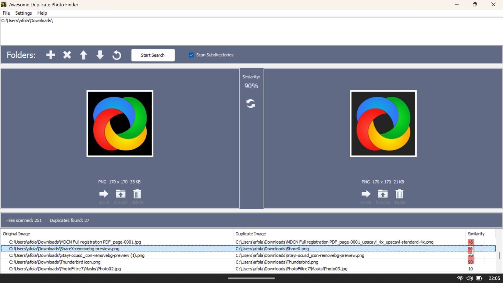 Giao diện Awesome Duplicate Photo Finder hiển thị so sánh song song các hình ảnh trùng lặp với điểm số tương đồng 90%