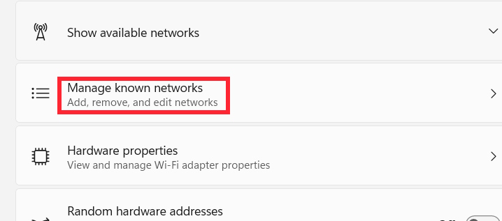 Manage known networks Windows 11