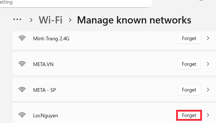 Xóa mạng WiFi kết nối Windows 11