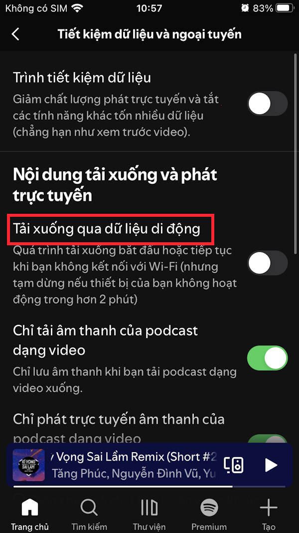 Tắt tải podcast qua dữ liệu di động