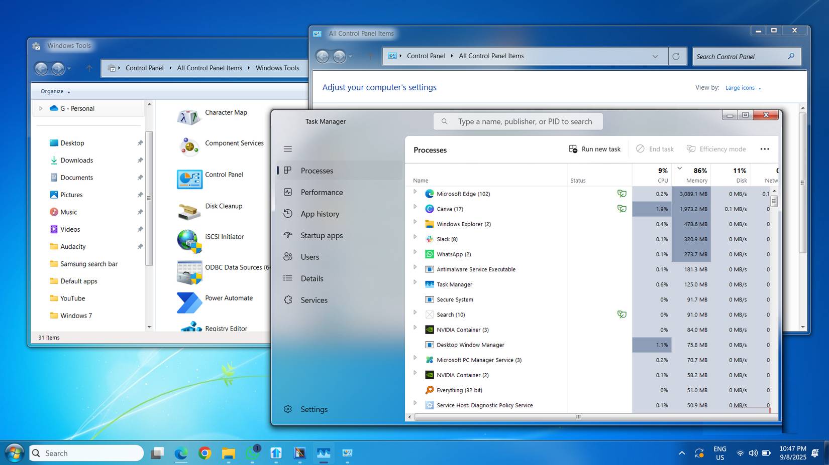 Màn hình Windows 7 với Control Panel và Task Manager đang mở