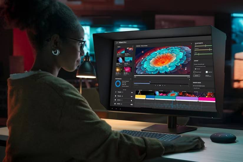 Một người phụ nữ đang sử dụng màn hình Dell UltraSharp 32 4K QD-OLED tại bàn làm việc