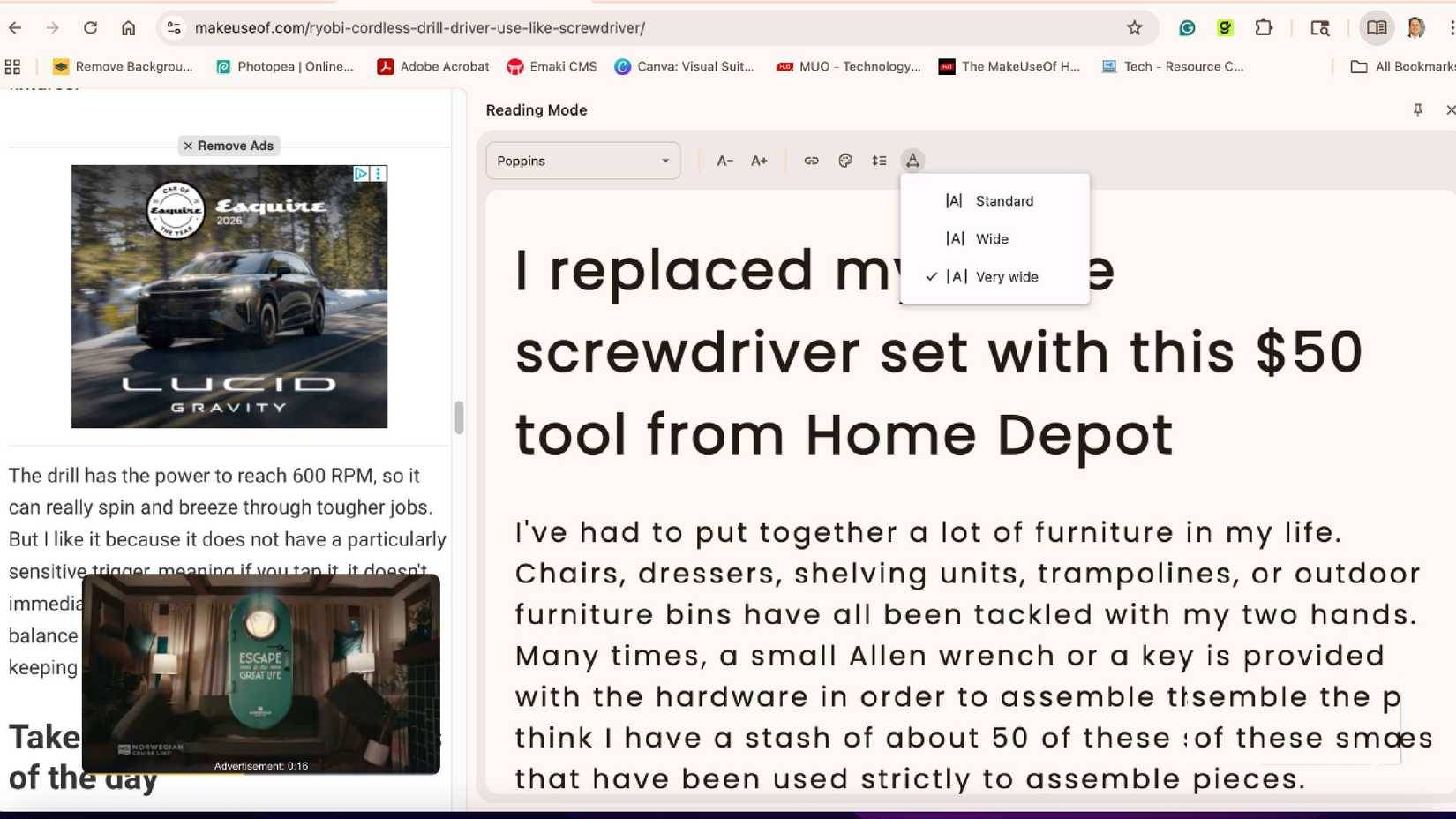 Thay đổi chiều rộng bố cục chế độ đọc