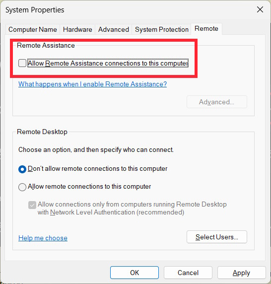 Tắt Remote desktop and assistance