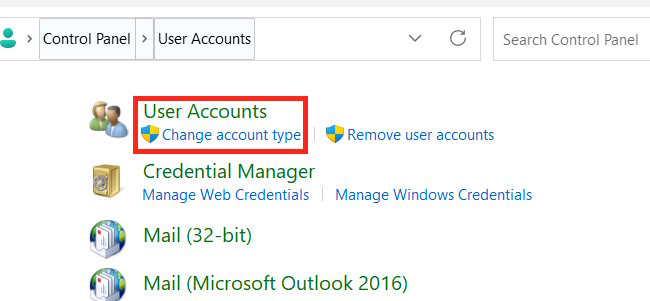 User Accounts Control Panel