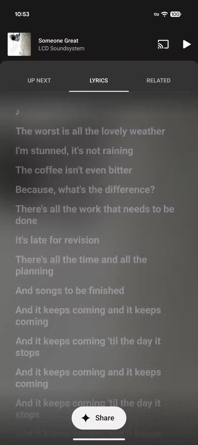 Chia sẻ lời nhạc trên YouTube Music