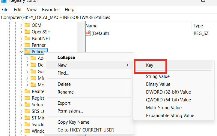 Tạo khóa mới cho Policy trong Registry