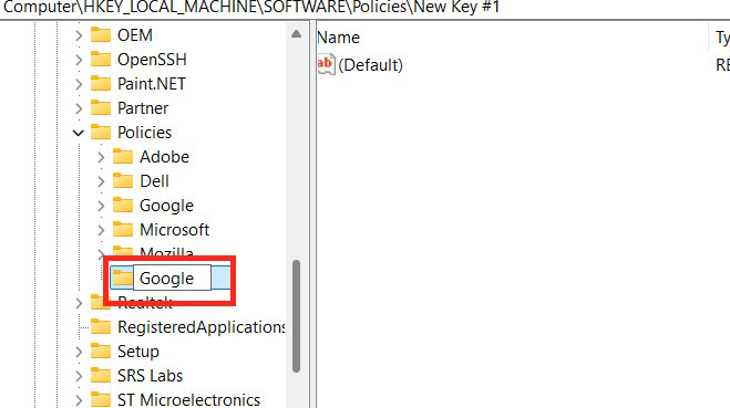 Tạo khóa Google mới trong Registry