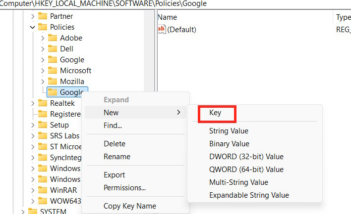 Tạo khóa mới trong Google 