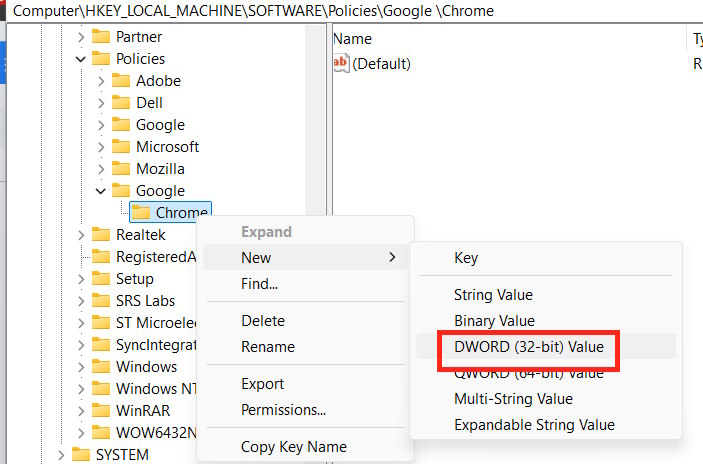 Tạo giá trị cho khóa Chrome trong Google 