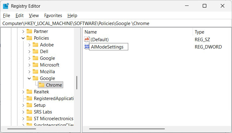 Tạo giá trị AIModeSettings khóa Chrome