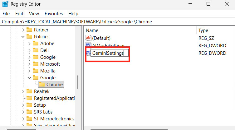 Tạo giá trị mới GeminiSettings