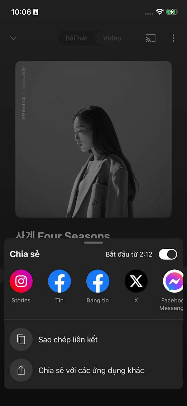 Cách thức chia sẻ bài hát YouTube Music theo thời gian