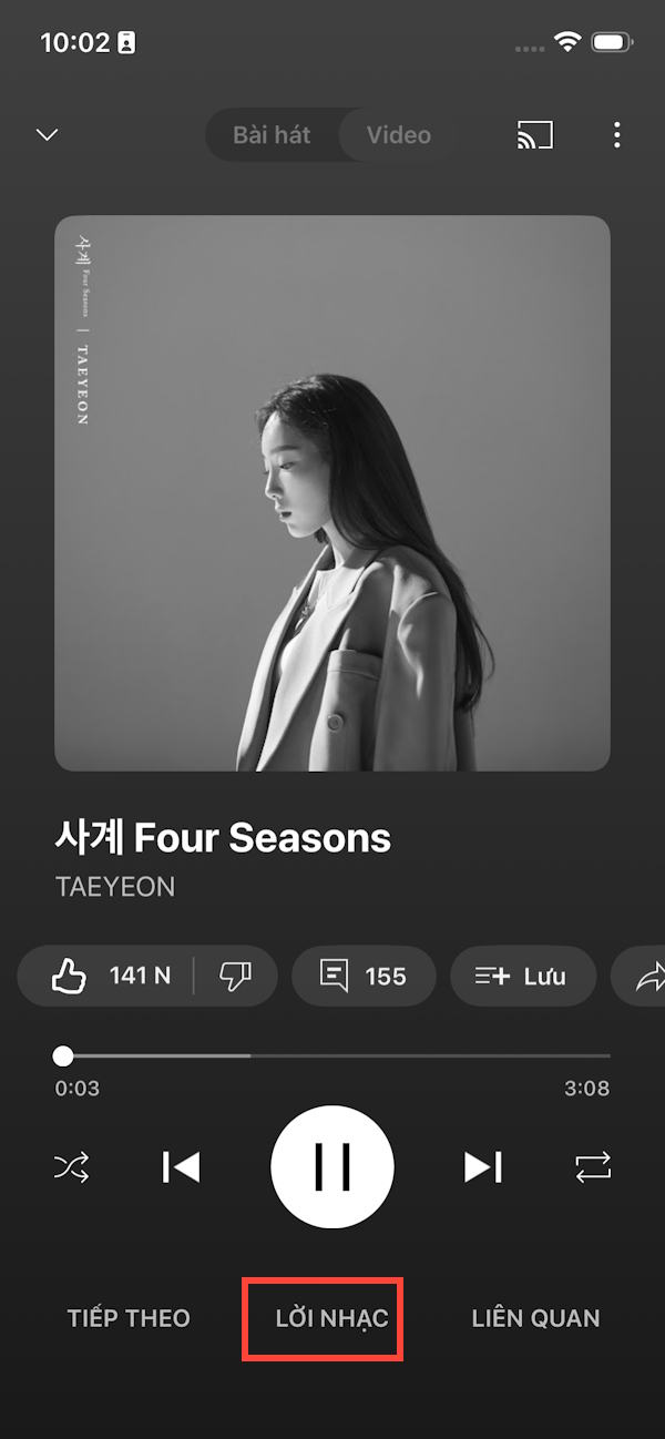 Hiện lời nhạc trên YouTube Music