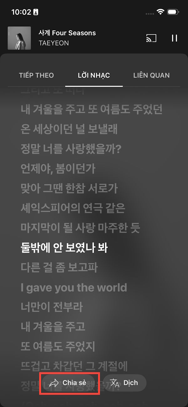 Chọn chia sẻ lời nhạc YouTube Music