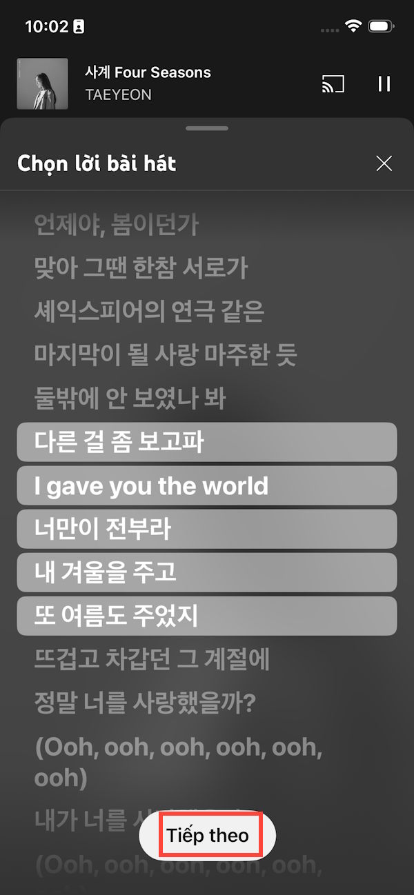 Chọn lời nhạc chia sẻ trên YouTube Music