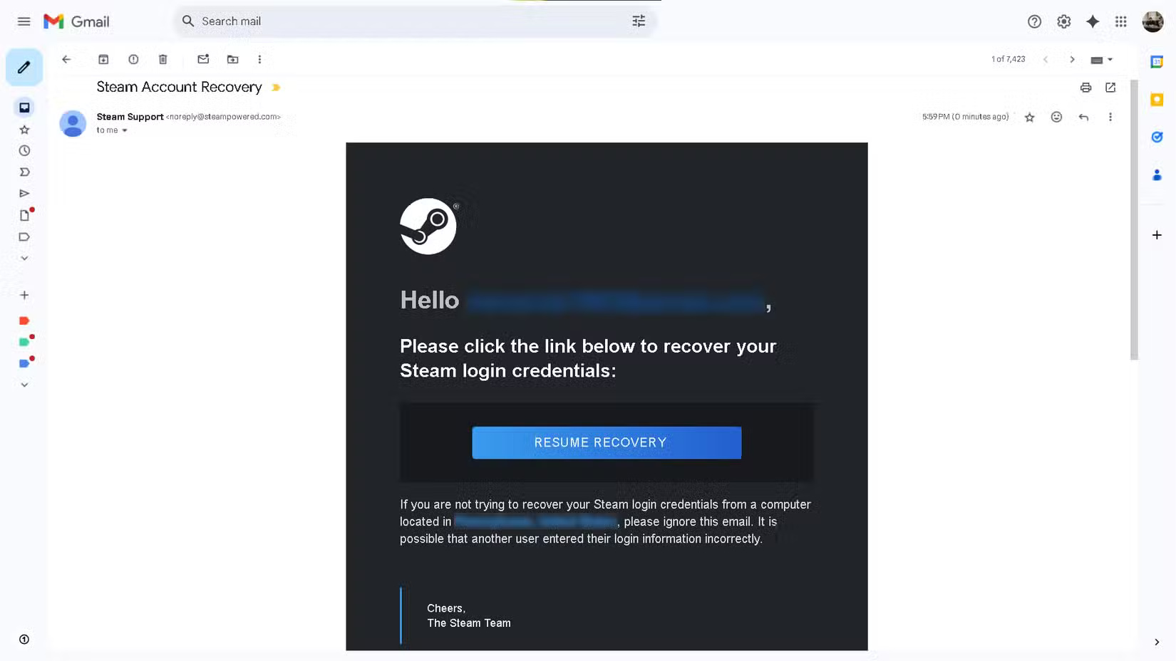 Mở email khôi phục tài khoản Steam trong Gmail