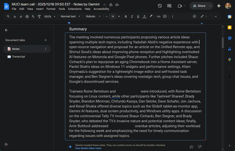Ghi chú cuộc họp Google Gemini