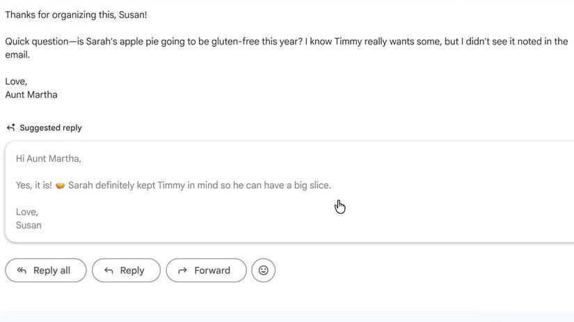 Tính năng Suggested Replies đưa ra câu trả lời cho email về bánh táo