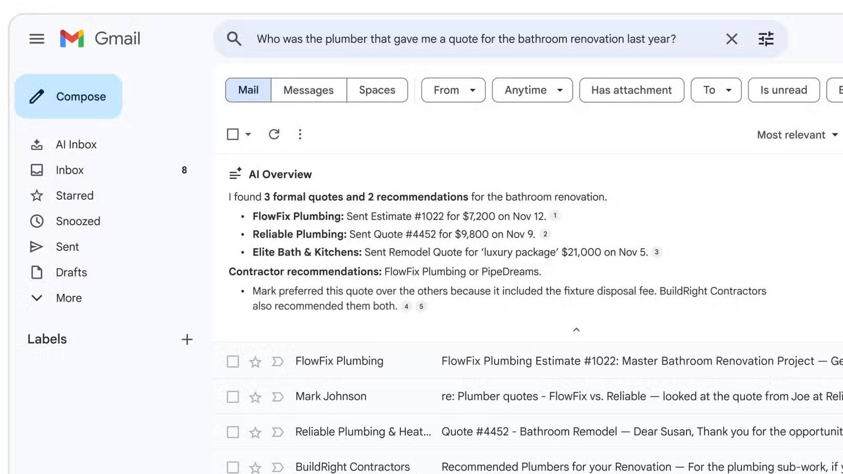 Tính năng AI Overviews trong Gmail hiển thị câu trả lời cho một câu hỏi về báo giá dịch vụ sửa chữa đường ống nước