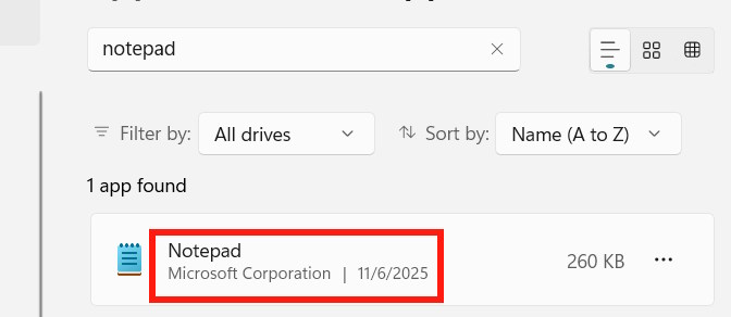 Tìm ứng dụng Notepad Windows