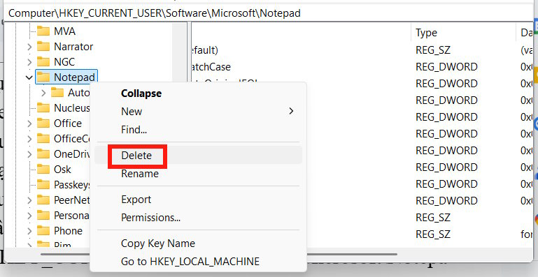 Xóa khóa Notepad