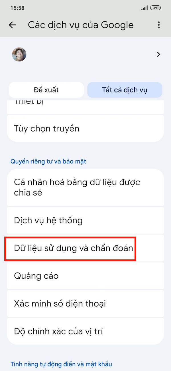 Dữ liệu sử dụng và chẩn đoán Google