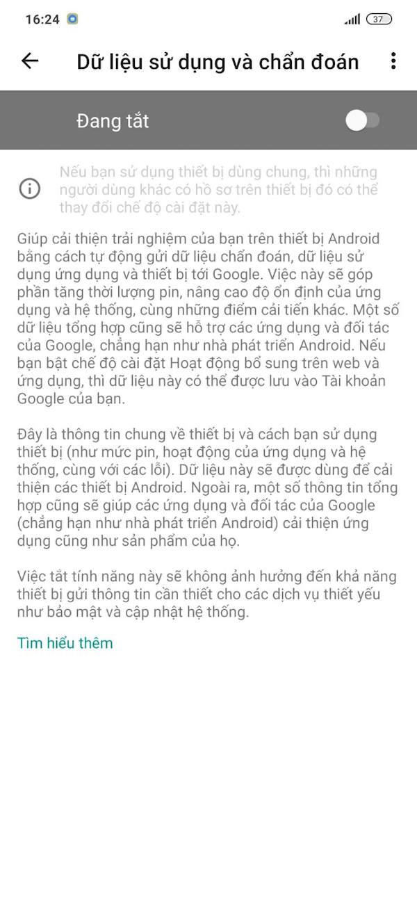 Tắt dùng dữ liệu để chẩn đoán 