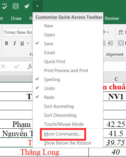 Thêm lệnh cho Excel