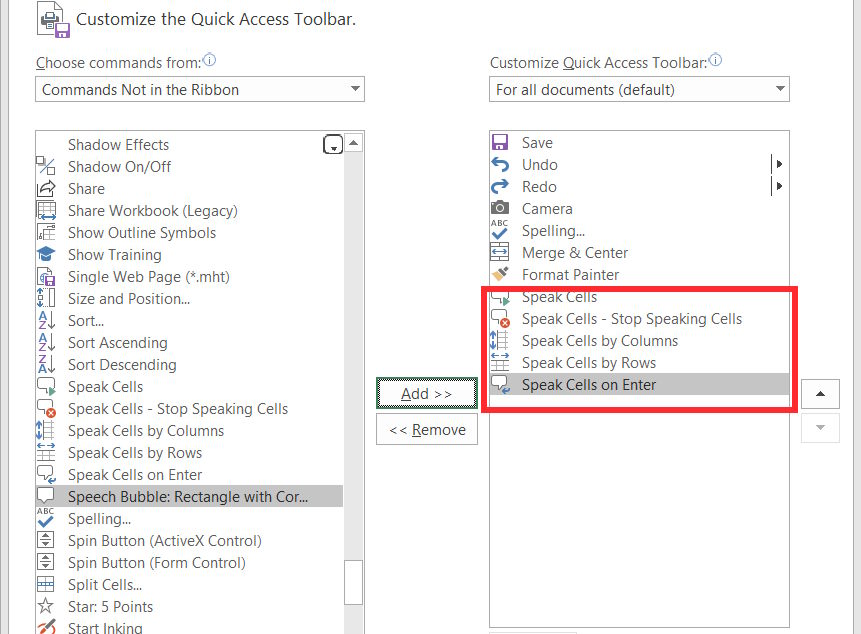 Thêm lệnh Speak Cells Excel