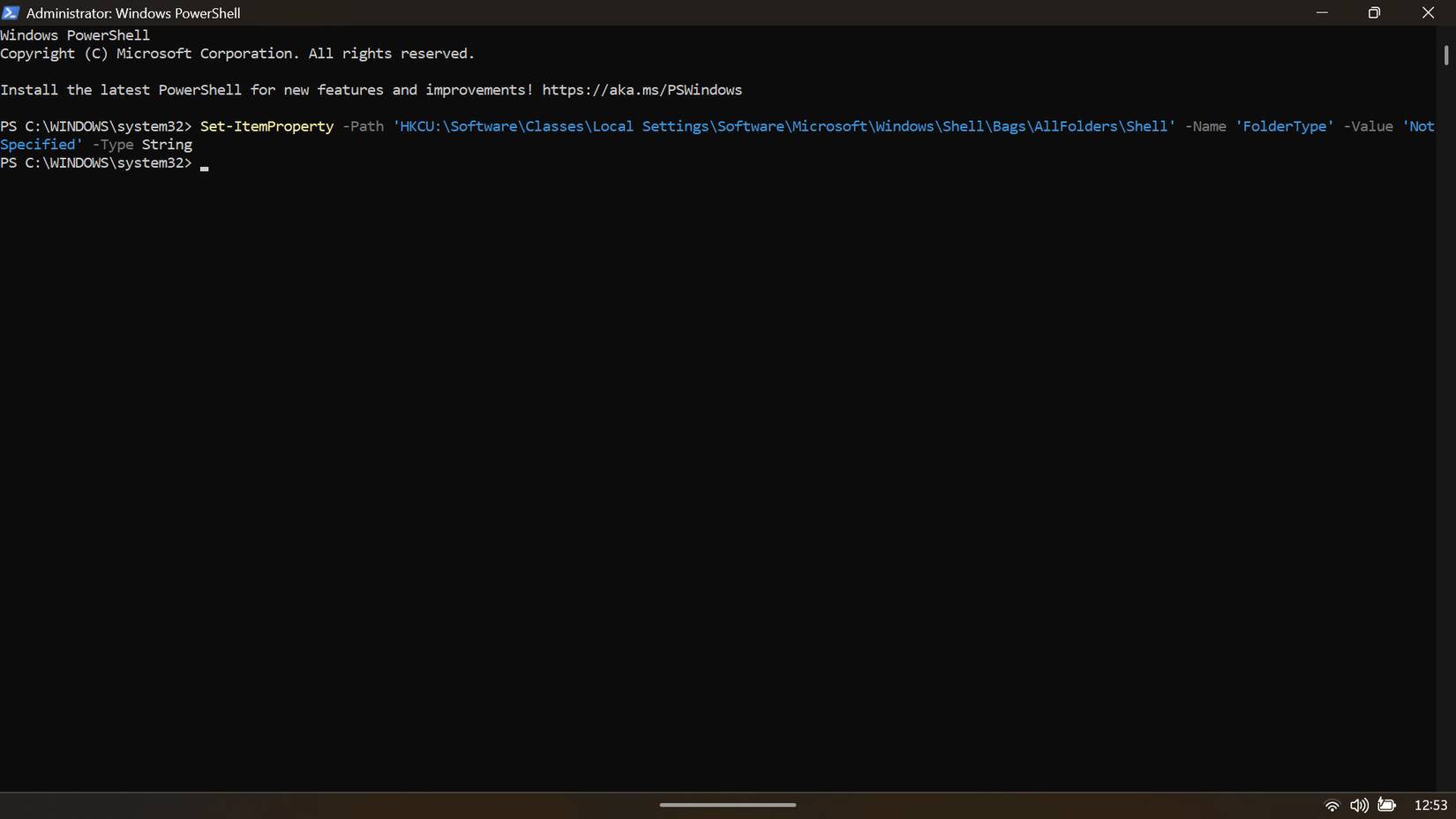 Bạn có thể sử dụng cửa sổ PowerShell với quyền admin để chạy lệnh sửa đổi registry key FolderType