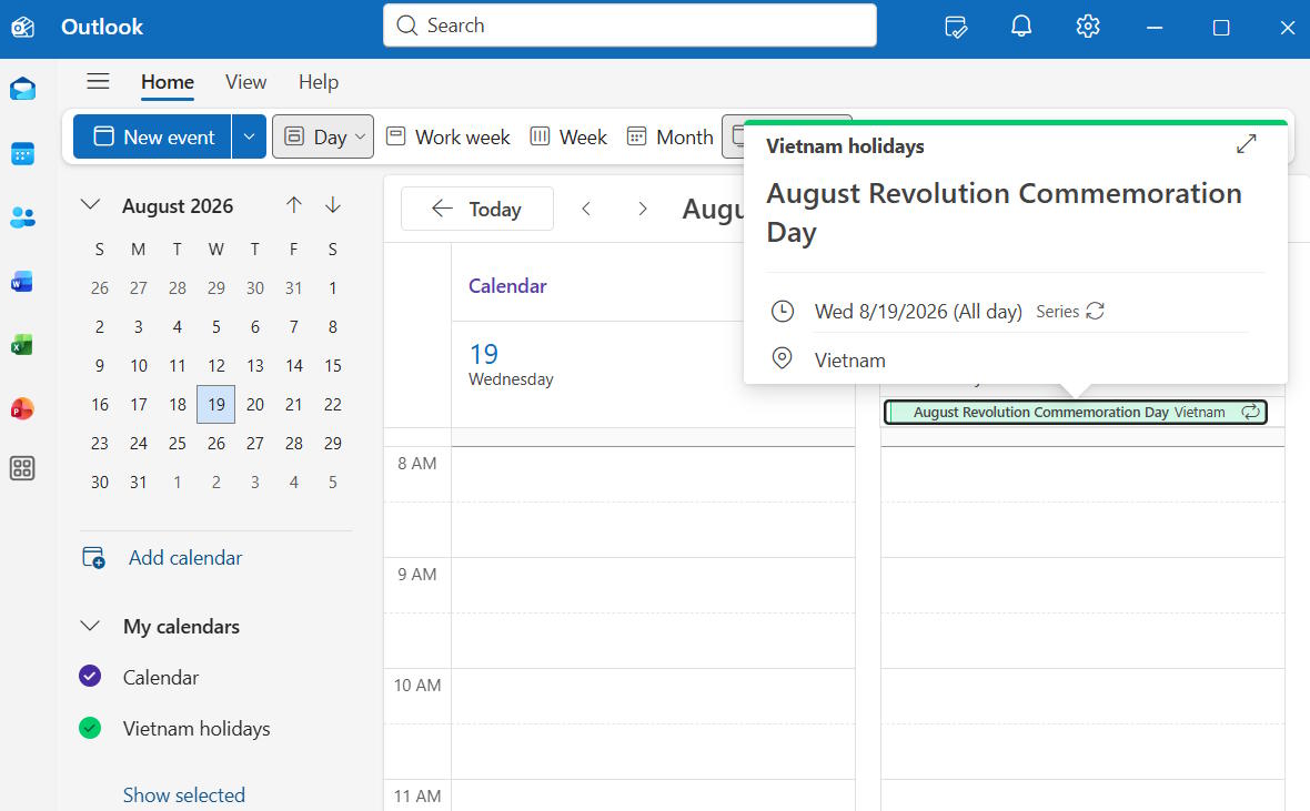 Hiện ngày lễ Việt Nam cho Outlook