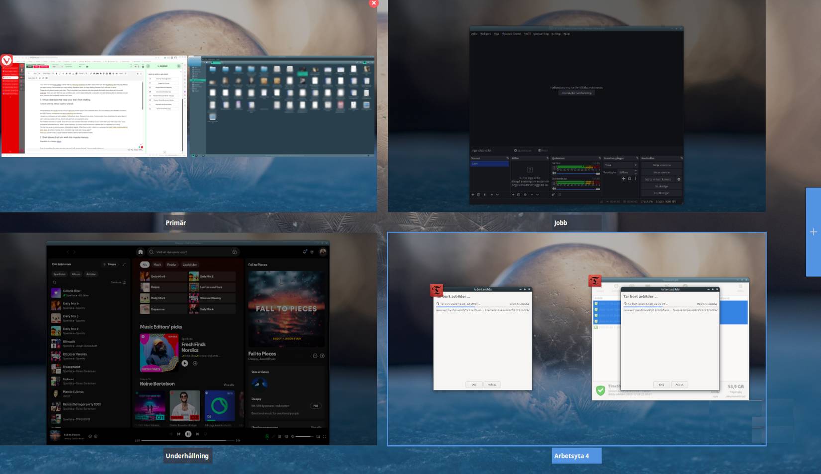 4 không gian làm việc ảo trong môi trường Cinnamon trên Linux