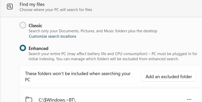 Chỉnh lập chỉ mục Windows 11