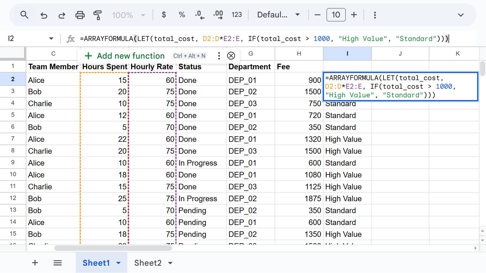 Một công thức LET được sử dụng trong Google Sheets