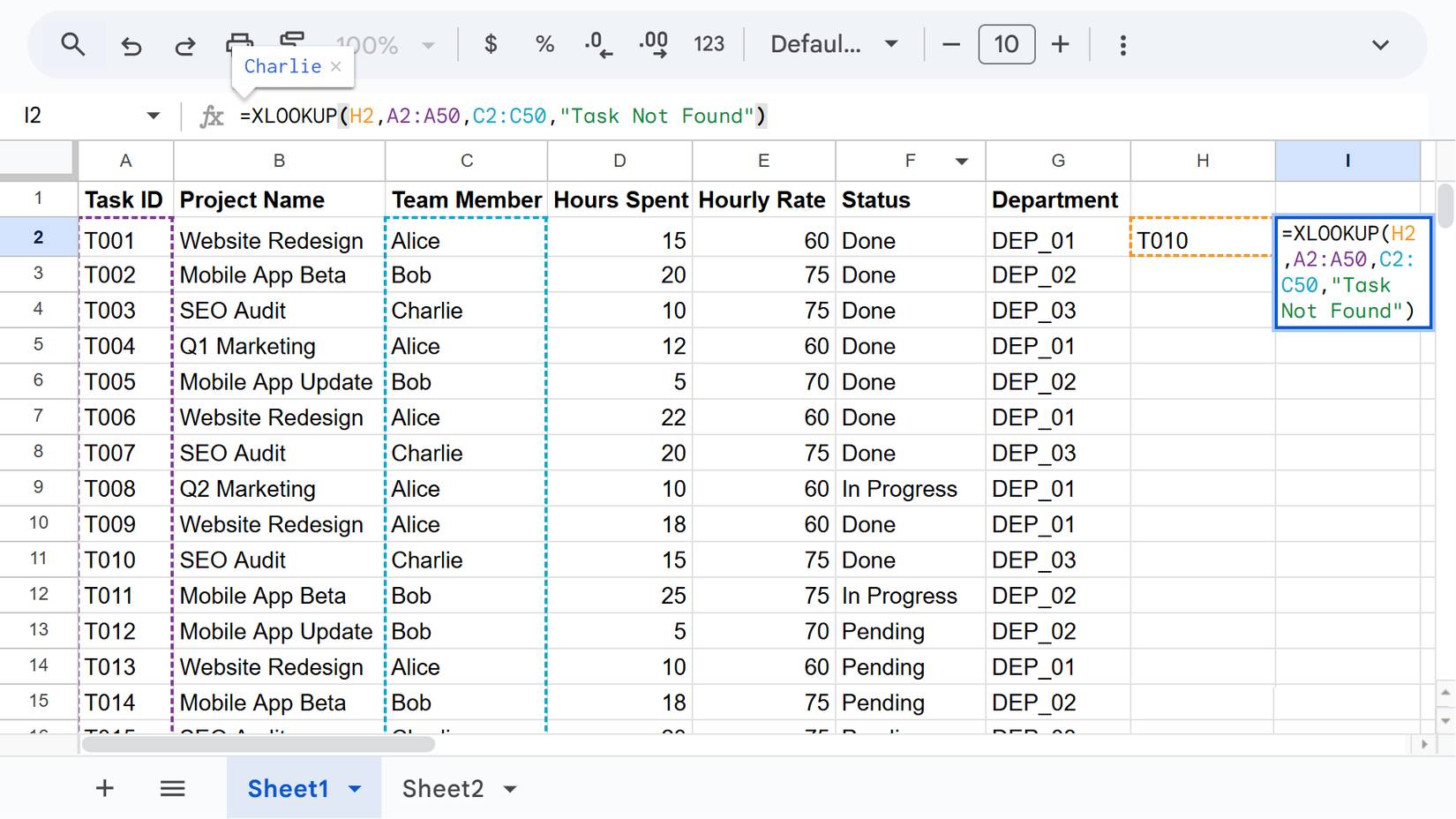 Một công thức XLOOKUP được sử dụng để tìm người sở hữu một nhiệm vụ trong Google Sheets