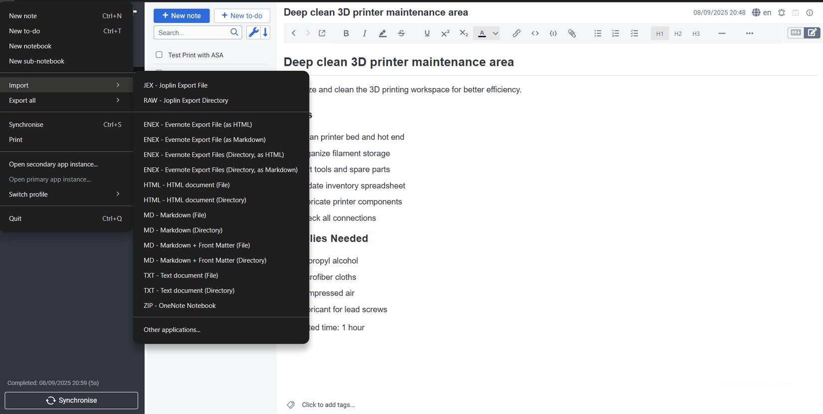 Các tùy chọn nhập và xuất của Joplin