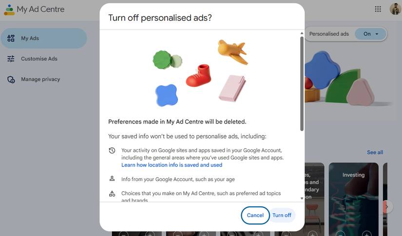 Tắt quảng cáo được cá nhân hóa trong tài khoản Google