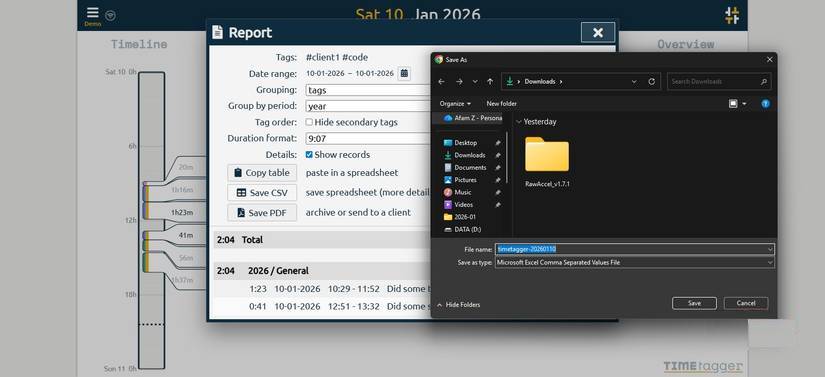 Lưu báo cáo TimeTagger dưới dạng CSV