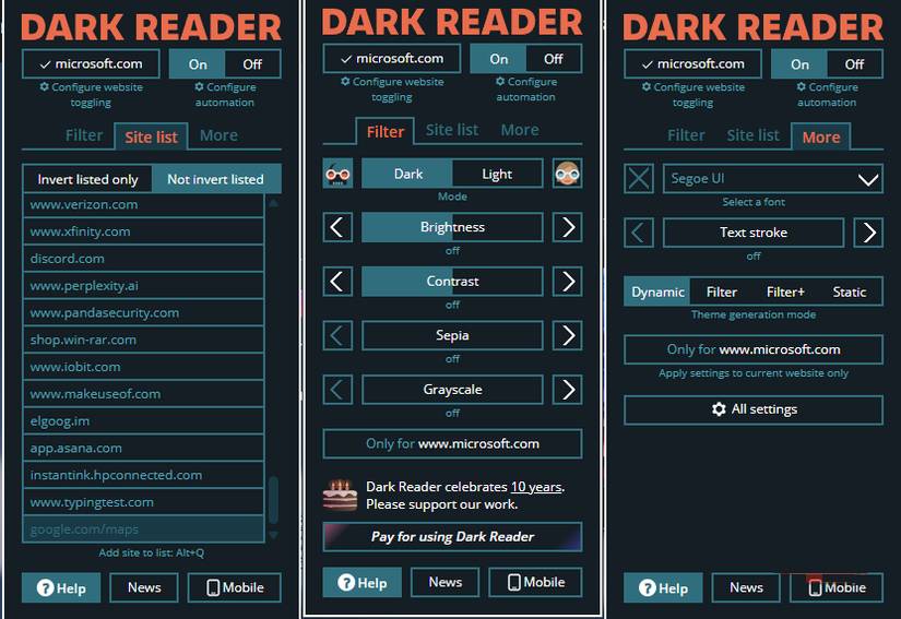 Tùy chọn trang web của Dark Reader